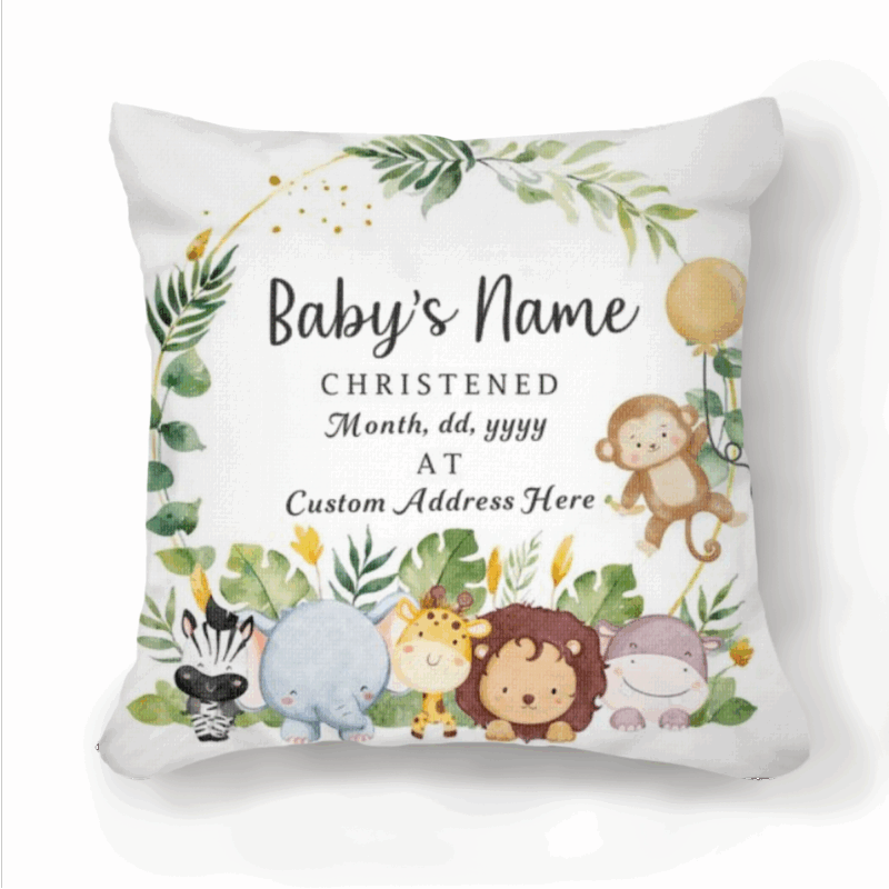 Personalised safari christening pillow with baby name and date, baptism gift for godchild, jungle nursery decor keepsake