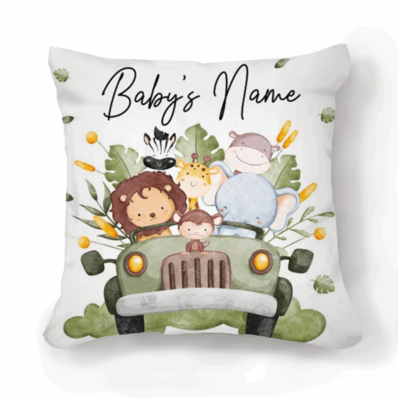 Personalized safari baby name pillow with safari animal, custom jungle nursery pillow for crib bedding décor gift