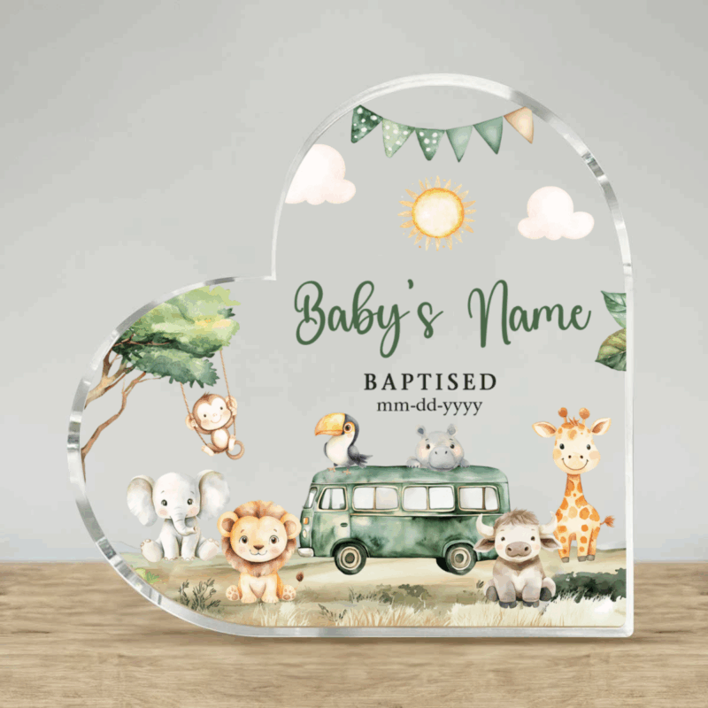 Personalized safari animals baptism plaque for boy with baby name and christening date, keepsake baptism gift for godson from godfather