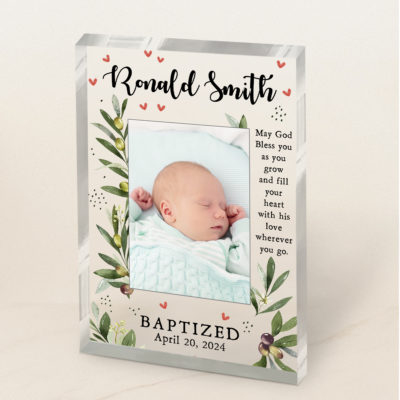 Personalized baptism picture plaque for baby boy, christening gift from godmother, custom godson religious keepsake, baby boy baptism photo plaque