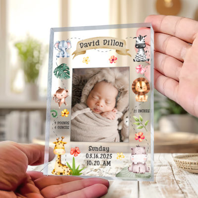 Personalized baby birth announcement plaque with safari animals, newborn birth stat keepsake, custom new baby gift for parents, nursery wall decor