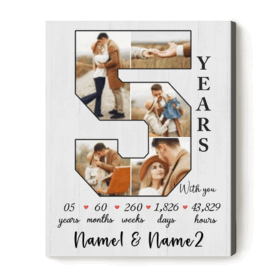 Custom 5th anniversary photo canvas with collage inside number 5, personalized gift for girlfriend or wife featuring couple photos and love milestones