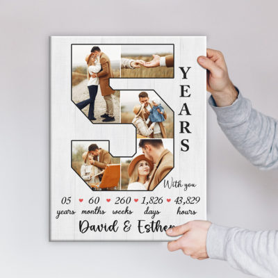 Custom 5th anniversary photo canvas with collage inside number 5, personalized gift for girlfriend or wife featuring couple photos and love milestones