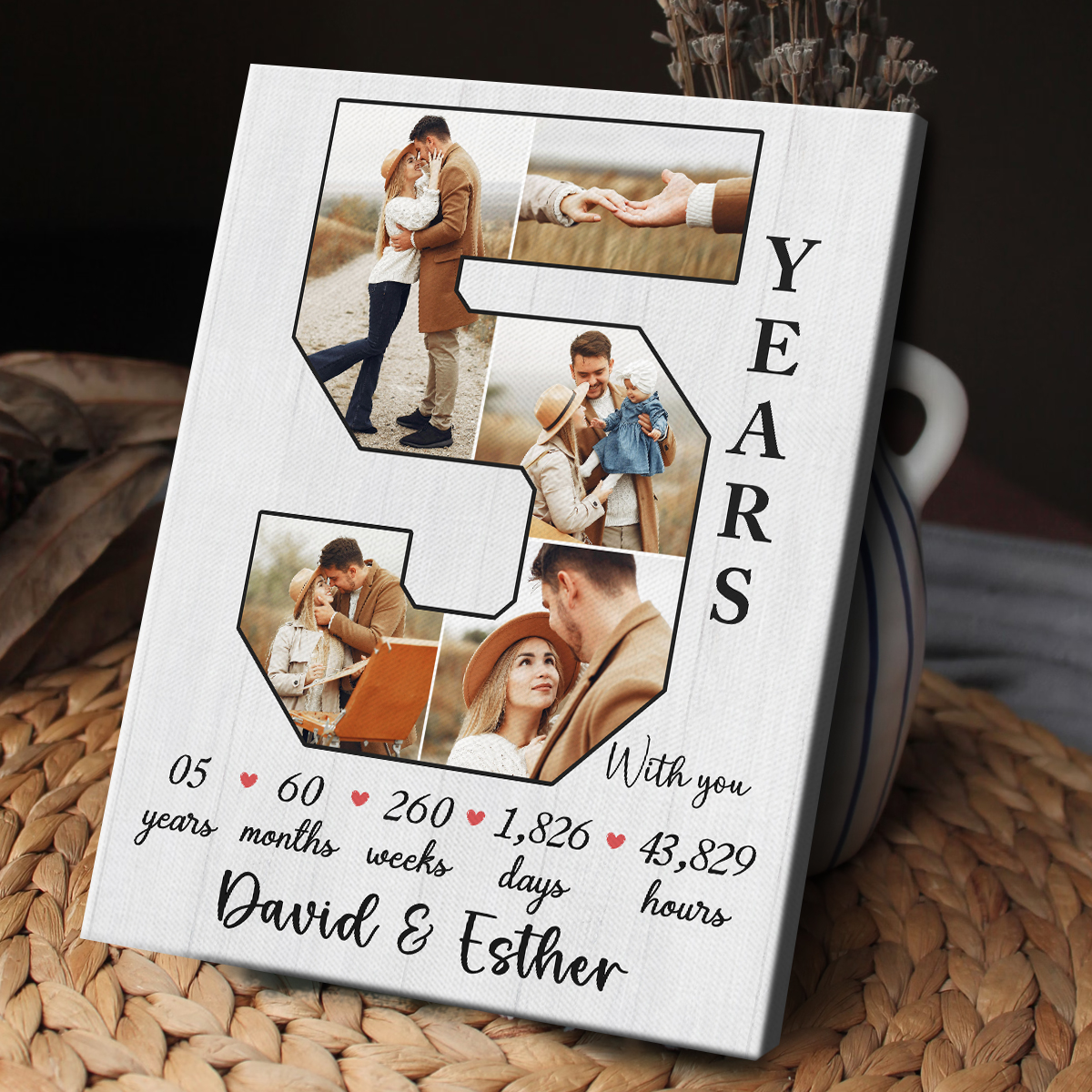 Custom 5th anniversary photo canvas with collage inside number 5, personalized gift for girlfriend or wife featuring couple photos and love milestones