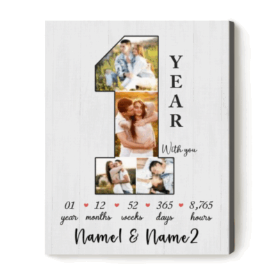 Personalized 1 Year Anniversary Photo Canvas with custom picture collage, romantic first anniversary gift for girlfriend or wife, unique paper anniversary keepsake