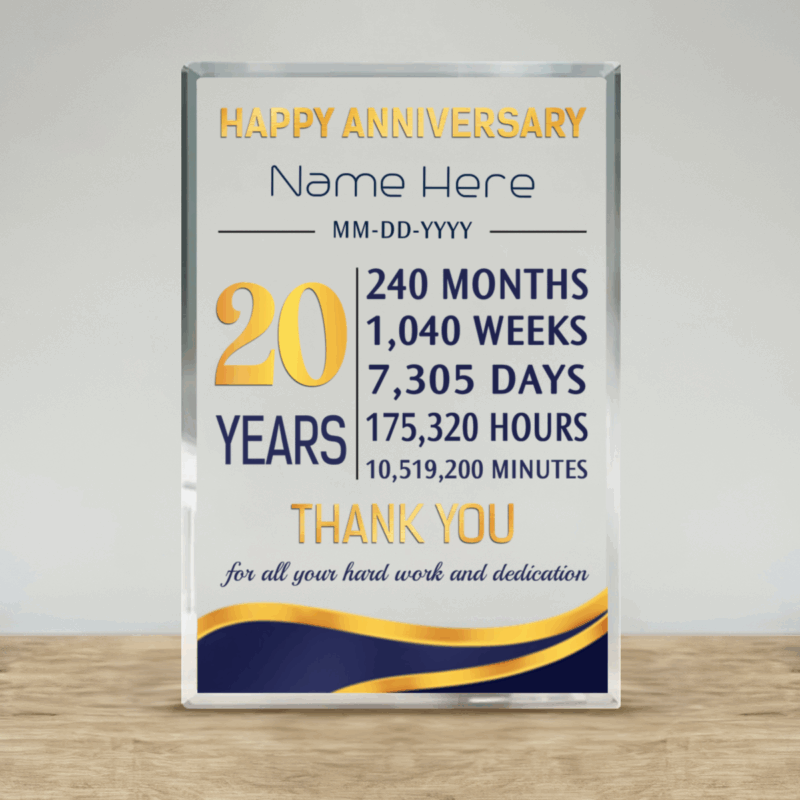 Personalized 20 Years of Service plaque, custom employee recognition award, 20 year work anniversary gift for boss or coworker, company milestone keepsake