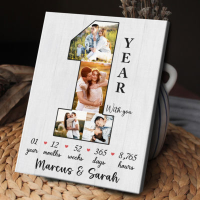 Personalized 1 Year Anniversary Photo Canvas with custom picture collage, romantic first anniversary gift for girlfriend or wife, unique paper anniversary keepsake
