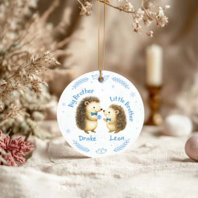 Our Personalized Big Brother Hedgehog Ornament features two cute hedgehogs wearing blue bow ties, labeled Big Brother and Little Brother, that make a thoughtful New Big Brother gift.