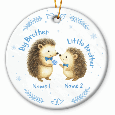 Our Personalized Big Brother Hedgehog Ornament features two cute hedgehogs wearing blue bow ties, labeled Big Brother and Little Brother, that make a thoughtful New Big Brother gift.