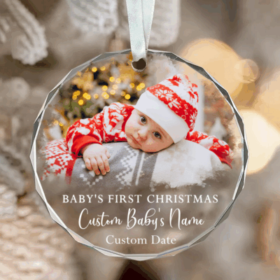 Personalized Baby First Christmas Ornament featuring a newborn photo, celebrating baby’s first Christmas 2025 as a special keepsake gift
