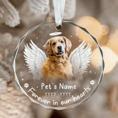 Dog Photo Memory Christmas Ornament featuring a dog with angel wings and halo, personalized with name and years, a heartfelt Christmas keepsake and sympathy gift for pet loss.