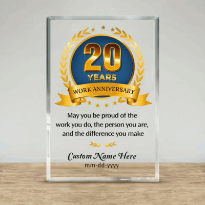 Personalized 20 Year Work Anniversary Plaque, 20 Years of Service Award, Employee Recognition Gift, Company Appreciation Plaque