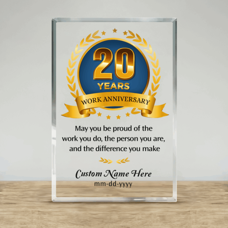 Personalized 20 Year Work Anniversary Plaque, 20 Years of Service Award, Employee Recognition Gift, Company Appreciation Plaque