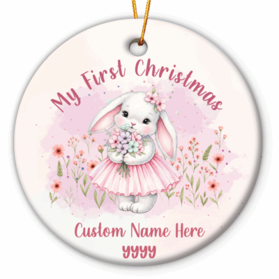 Personalized Bunny Baby First Christmas Ornament featuring a cute bunny in a pink dress with flowers, custom name Cadie 2025, that perfect keepsake decoration for a baby girl’s first Xmas.