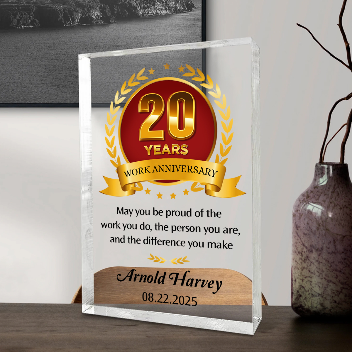 Personalized 20 Year Work Anniversary Plaque, 20 Years of Service Award, Employee Recognition Gift, Company Appreciation Plaque
