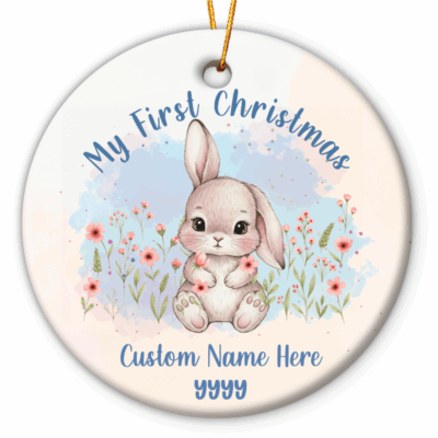 Baby Boy First Christmas Ornament featuring a cute bunny illustration with flowers, personalized with name Brain and year 2025, a sweet newborn keepsake and holiday decoration.