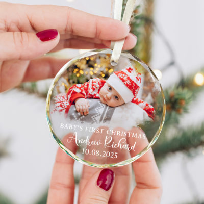 Personalized Baby First Christmas Ornament featuring a newborn photo, celebrating baby’s first Christmas 2025 as a special keepsake gift