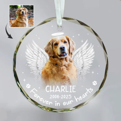 Dog Photo Memory Christmas Ornament featuring a dog with angel wings and halo, personalized with name and years, a heartfelt Christmas keepsake and sympathy gift for pet loss.