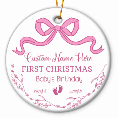 Custom Baby Birth Stats Ornament with a pink and blue bow design, featuring baby’s name, birth date, weight, length, and footprints, a custom keepsake for baby’s first Christmas, birth announcement, or newborn gift.