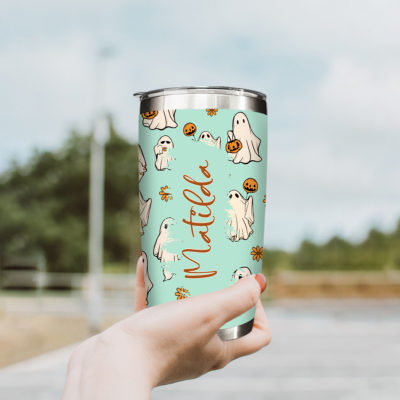 Personalized Ghost Tumbler With Name, Custom Ghost Travel Mug For Women, Spooky Halloween Tumbler Gift For Her, Ghost Coffee Cup