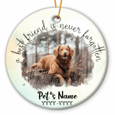 Custom Dog Memorial Photo Ornament featuring a photo of a dog with the text “A best friend is never forgotten” and a custom name with years, creating a heartfelt pet memorial keepsake and sympathy gift for pet lovers.
