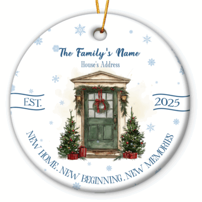 Personalized New Home Christmas Ornament featuring a festive front door with a wreath and two decorated trees, customized with family name, house address, and year, making a unique new home or housewarming keepsake.