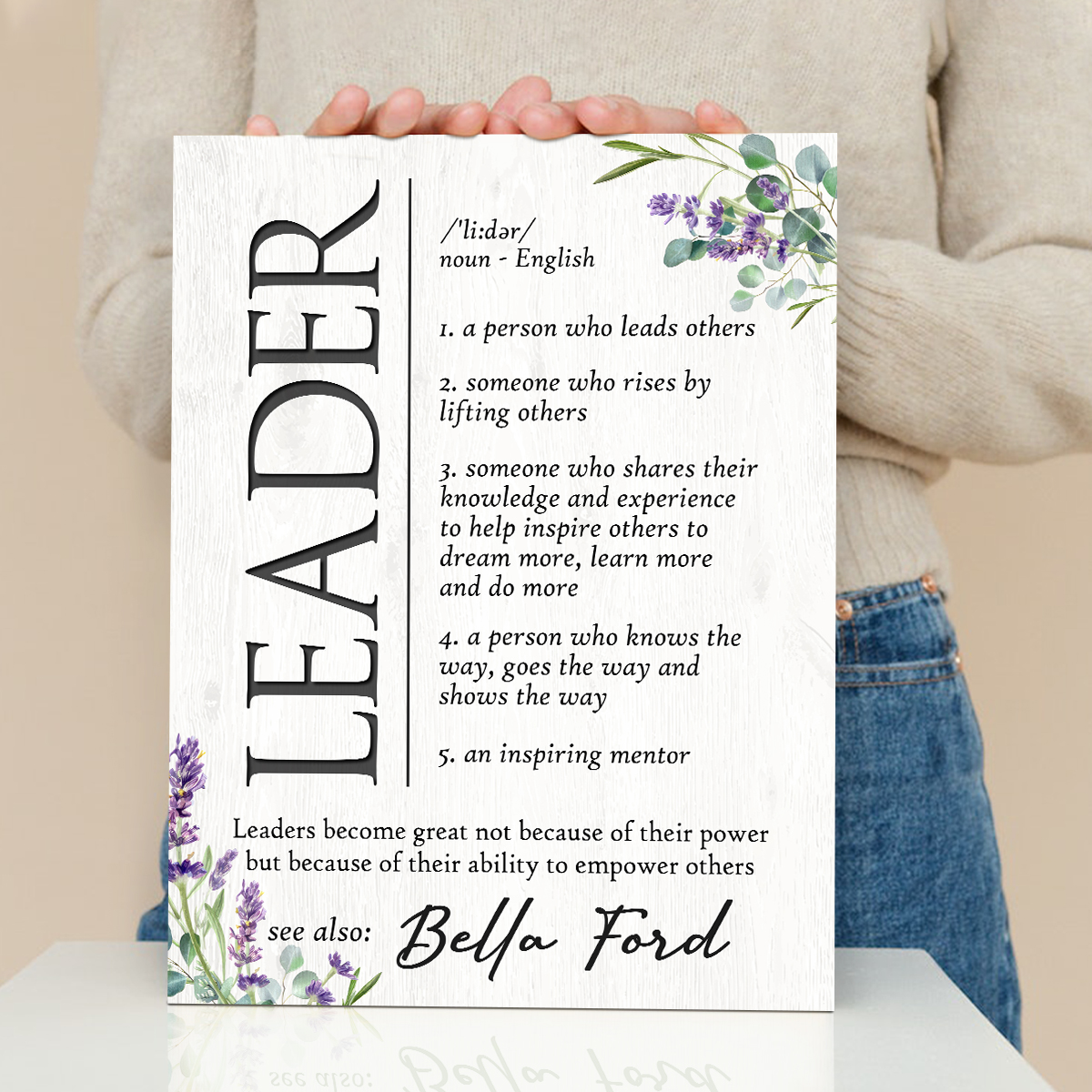 Personalized leader definition print, Christmas gift for female boss, office appreciation wall art.