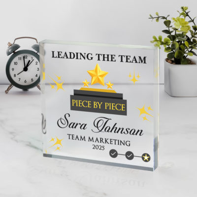 Personalized leadership award plaque with custom name and message, corporate appreciation gift for boss, manager, or employee recognition.