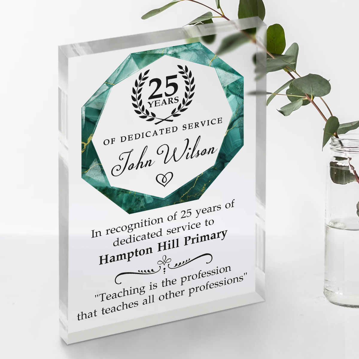 Personalized years of service award plaque with custom name and message, employee recognition gift for work anniversary or retirement.