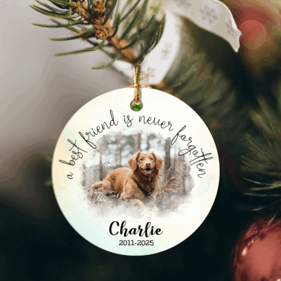 Custom Dog Memorial Photo Ornament featuring a photo of a dog with the text “A best friend is never forgotten” and a custom name with years, creating a heartfelt pet memorial keepsake and sympathy gift for pet lovers.