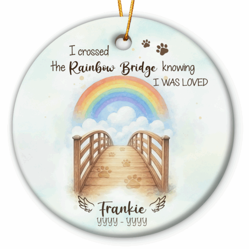Rainbow Bridge Pet Memorial Ornament featuring a wooden bridge with paw prints leading to a rainbow in the sky, customized with pet’s name and years, a heartfelt Christmas remembrance keepsake gift for pet owners grieving the loss of their dog or cat.