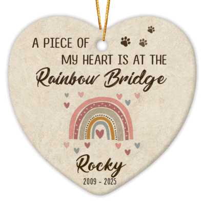 Rainbow Bridge Pet Memorial Christmas Ornament featuring a pastel rainbow and paw prints, personalized with pet’s name and years, a thoughtful custom keepsake for dog or cat loss, pet sympathy gift, and remembrance ornament.