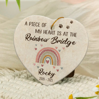 Rainbow Bridge Pet Memorial Christmas Ornament featuring a pastel rainbow and paw prints, personalized with pet’s name and years, a thoughtful custom keepsake for dog or cat loss, pet sympathy gift, and remembrance ornament.
