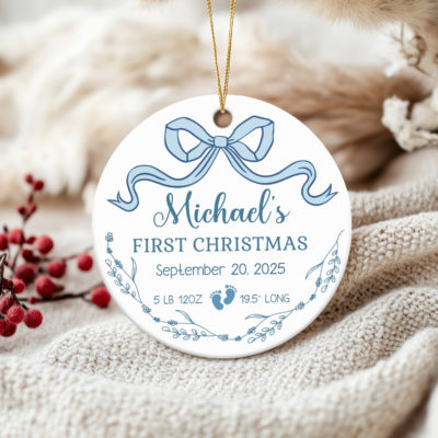Custom Baby Birth Stats Ornament with a pink and blue bow design, featuring baby’s name, birth date, weight, length, and footprints, a custom keepsake for baby’s first Christmas, birth announcement, or newborn gift.