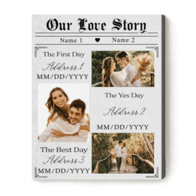 Our Love Story Photo Sign with personalized couple photos, names, locations, and dates. It's a unique anniversary, wedding, or engagement gift.