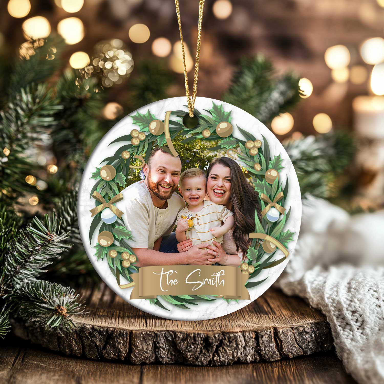 Custom Ornament With Picture featuring a custom photo framed with holly leaves and berries, with a ribbon banner displaying the family name.