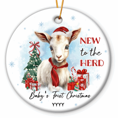 Personalized Baby's First Christmas Ornament featuring a cute baby goat wearing a Santa hat and red scarf, with Christmas tree, presents, and text New to the Herd, customized with baby’s name and year.