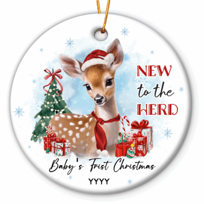 Baby's First Christmas Ornament featuring a cute baby deer wearing a Santa hat and red scarf, with Christmas tree, presents, and the text New to the Herd, customized with baby’s name and year.
