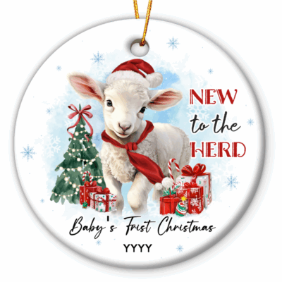 Baby Lamb Ornament featuring a cute lamb in a Santa hat and red scarf, with Christmas tree, gifts, and text New to the Herd, customized with baby’s name and year.