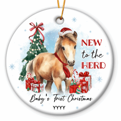 Personalized Horse Ornament For Kids featuring a cute pony wearing a Santa hat and red scarf, with Christmas tree, gifts, and text New to the Herd, customized with baby’s name and year.