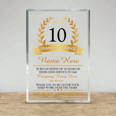 Personalized employee award acrylic plaque with custom name and years of service, ideal corporate recognition or work anniversary gift.