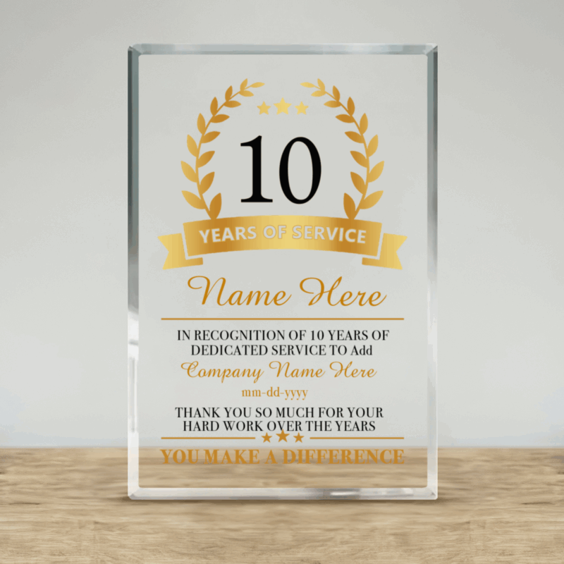 Personalized employee award acrylic plaque with custom name and years of service, ideal corporate recognition or work anniversary gift.