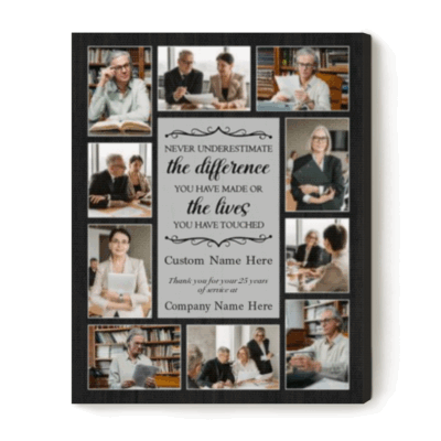 Personalized retirement canvas print with custom photo collage, farewell gift for coworker, employee, or boss to celebrate career memories.