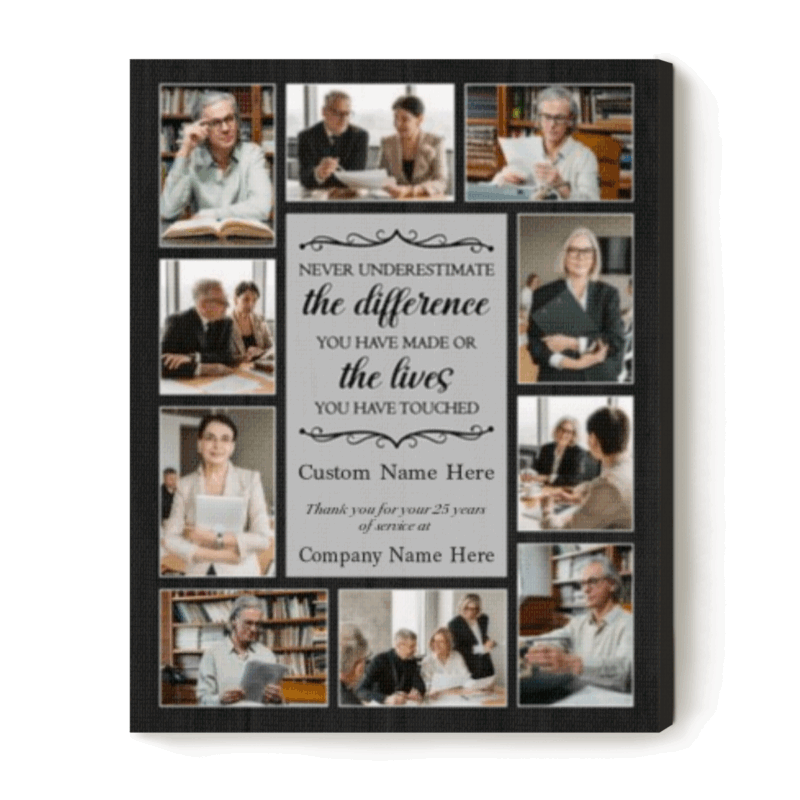 Personalized retirement canvas print with custom photo collage, farewell gift for coworker, employee, or boss to celebrate career memories.