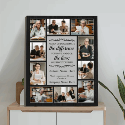 Personalized retirement canvas print with custom photo collage, farewell gift for coworker, employee, or boss to celebrate career memories.