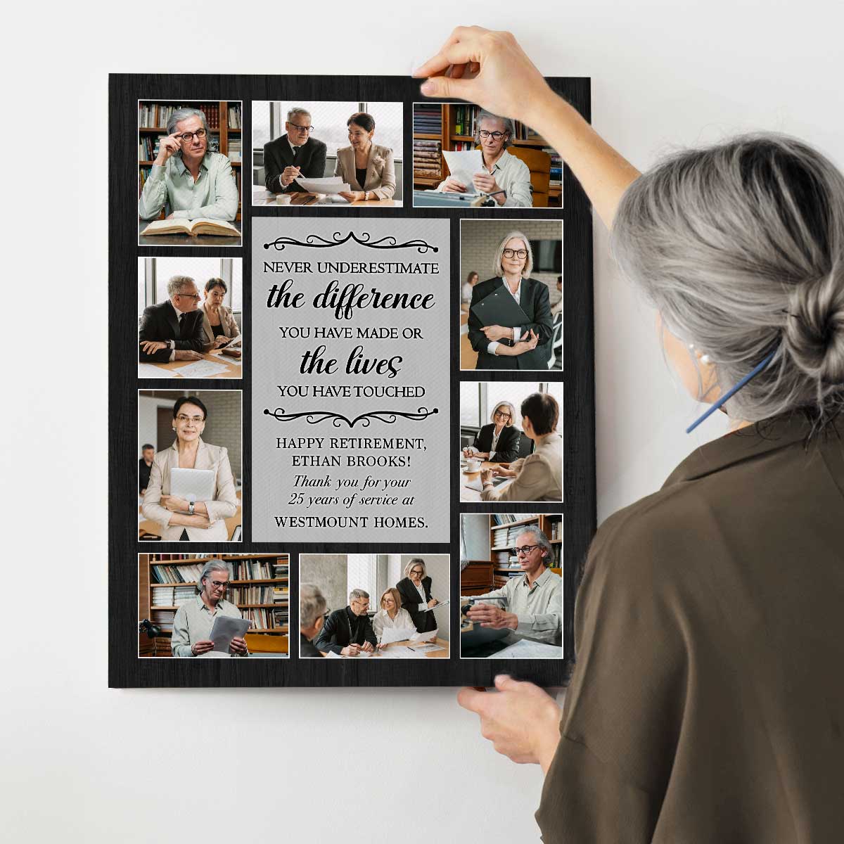Personalized retirement canvas print with custom photo collage, farewell gift for coworker, employee, or boss to celebrate career memories.