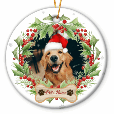 Custom Dog Christmas Ornament featuring a pet photo inside a festive holly wreath design, personalized with pet’s name on a bone tag, perfect holiday gift for pet lovers.