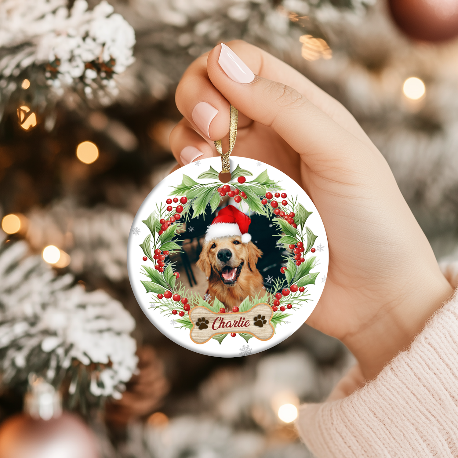 Custom Dog Christmas Ornament featuring a pet photo inside a festive holly wreath design, personalized with pet’s name on a bone tag, perfect holiday gift for pet lovers.
