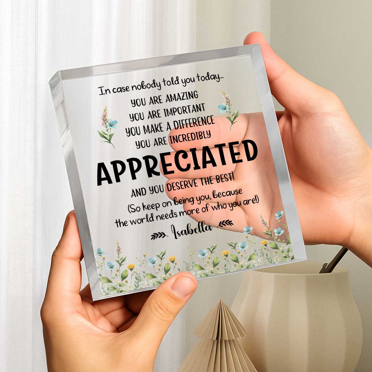 Personalized appreciation plaque with custom text, thank-you gift for boss, coworker, or employee, perfect for office desk or holiday keepsake.