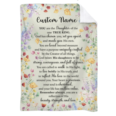 Personalized Christian Blanket for Women featuring the name at the top and surrounded by colorful floral designs. The blanket displays an inspirational faith-based message about God’s love, strength, and purpose, making it a meaningful and cozy religious gift for her.